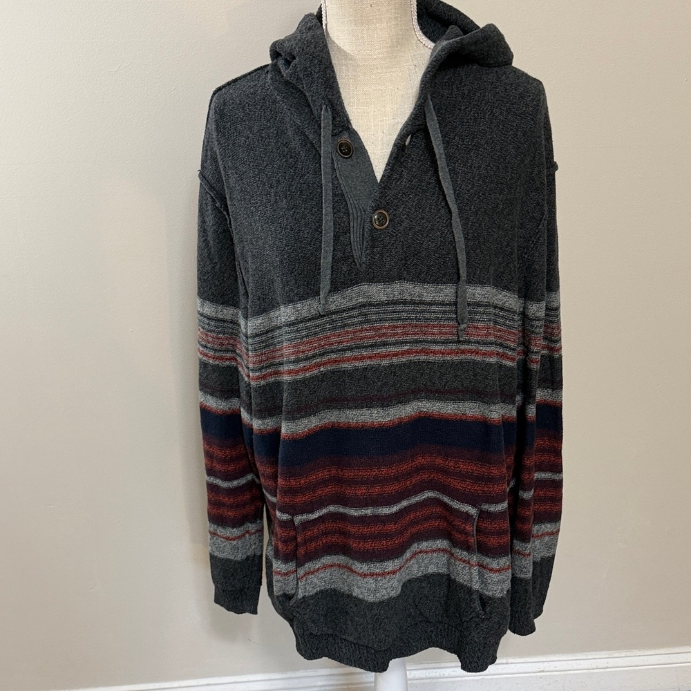 American Eagle Hooded Men's Sweater Pullover - Dark Gray Red & Navy Stripes